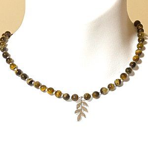 Tigers Eye Stone Silver Leaf Branch Necklace, Genuine Gemstone Beaded Necklace